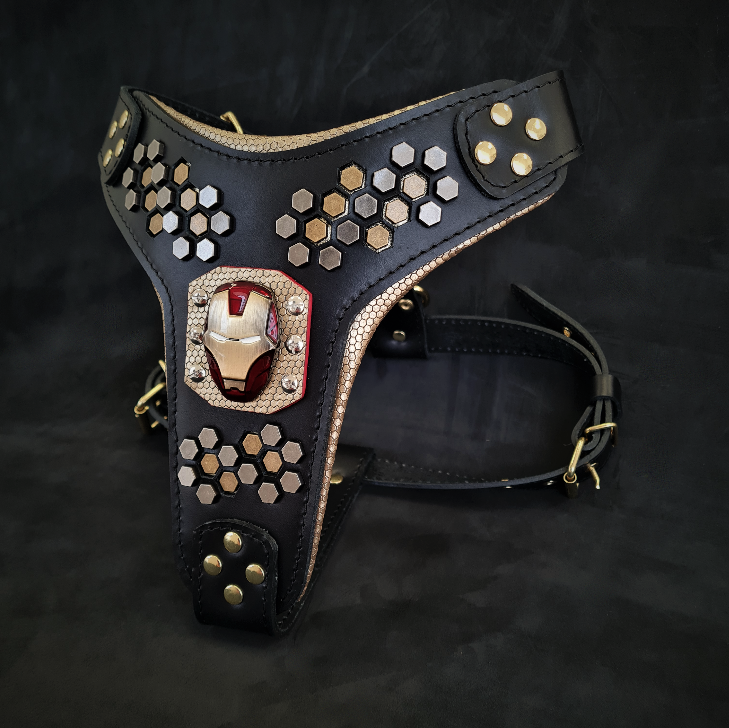 Luxe Artisanal Dog 🐺 BESTIA “Iron Dog” - Harnais Cuir Premium IronMan Edition (Fait Main en Europe)