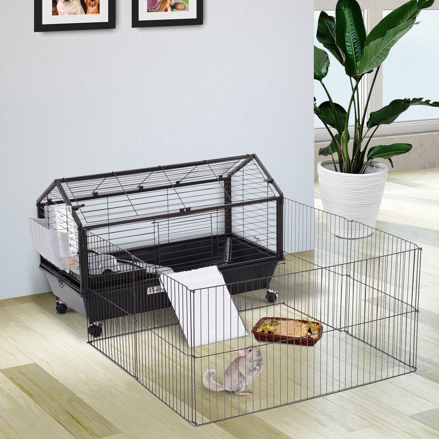 Cage Métallique PawHut pour Petits Animaux Maison Principale avec Enclos Pliable