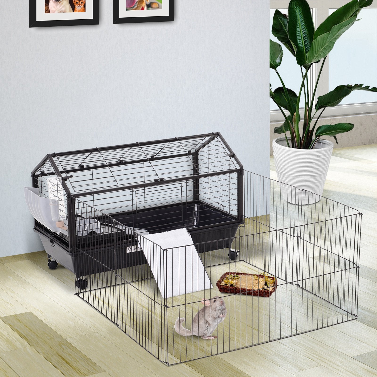 Cage Métallique PawHut pour Petits Animaux Maison Principale avec Enclos Pliable