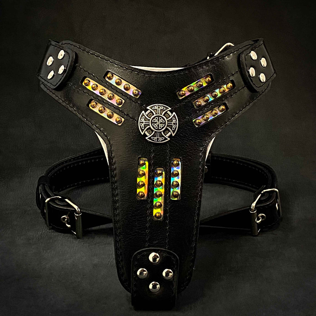 🐉 BESTIA “Atlantis” Harnais - Cuir Noir & Effet Caméléon Luxe | Rembourrage Orthopédique | Pour Grandes & Géantes Races | Fait Main en Europe