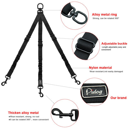 Laisse 3 Chiens Anti‑Nœuds - Nylon Solide avec Amortisseur Bungee