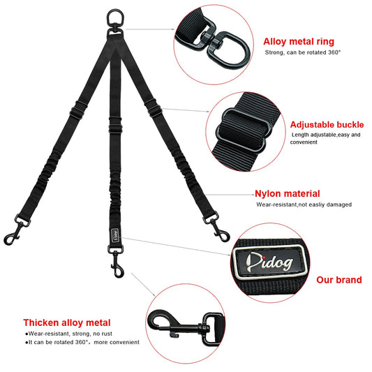 Laisse 3 Chiens Anti‑Nœuds - Nylon Solide avec Amortisseur Bungee