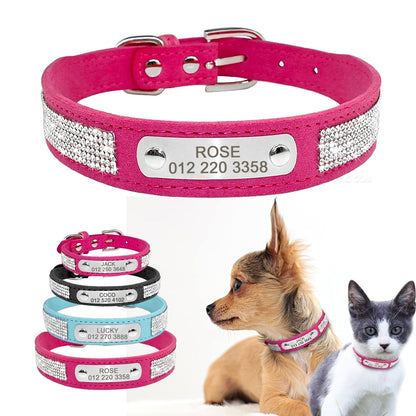 Collier pour Chien Personnalisé en Daim - Strass Brillants & Gravure Gratuite - XS à L