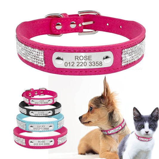 Collier pour Chien Personnalisé en Daim - Strass Brillants & Gravure Gratuite - XS à L