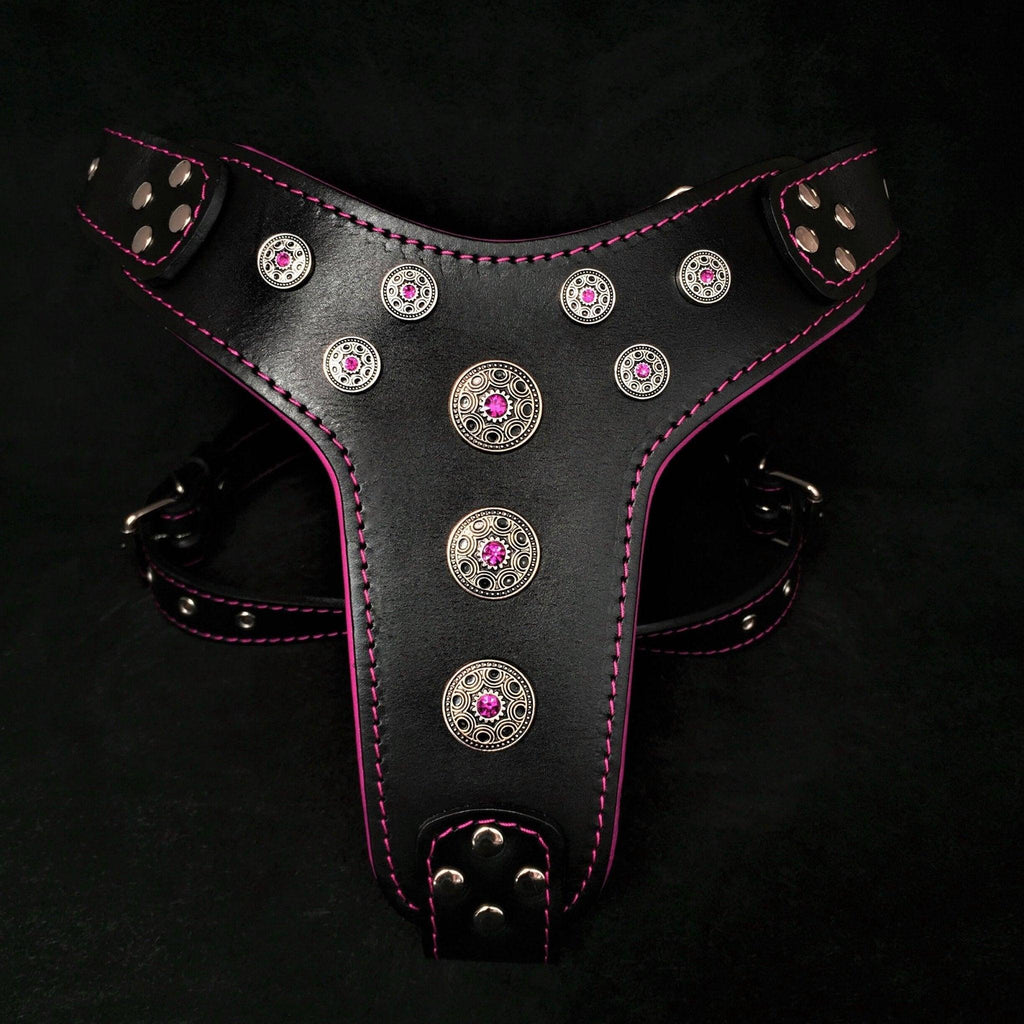 💎 BESTIA “Bijou” Harnais Black & Pink - Harnais Premium en Cuir pour Grandes Races | Rembourrage Rose & Rivets Cristal | Fait Main en Europe