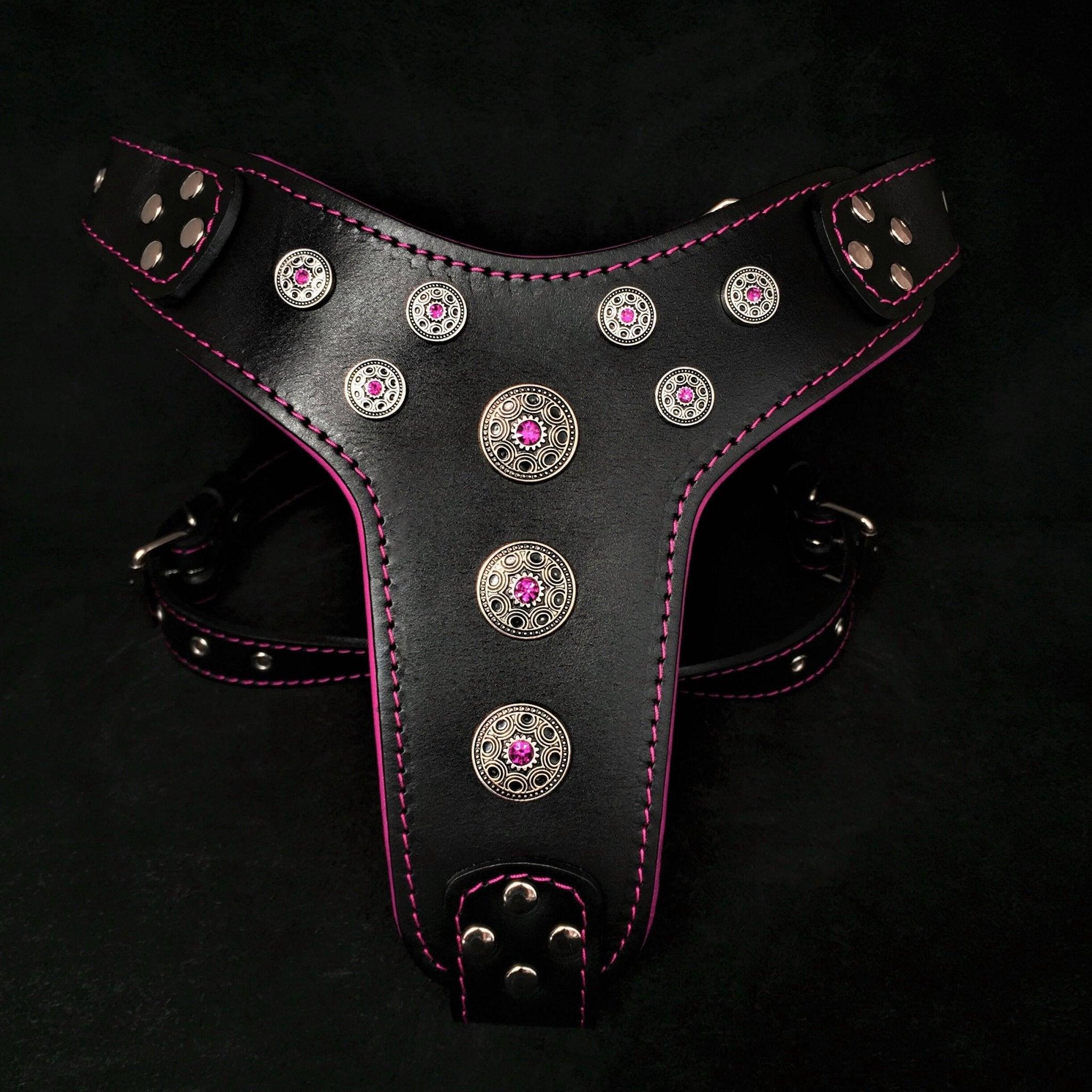 💎 BESTIA “Bijou” Harnais Black & Pink - Harnais Premium en Cuir pour Grandes Races | Rembourrage Rose & Rivets Cristal | Fait Main en Europe
