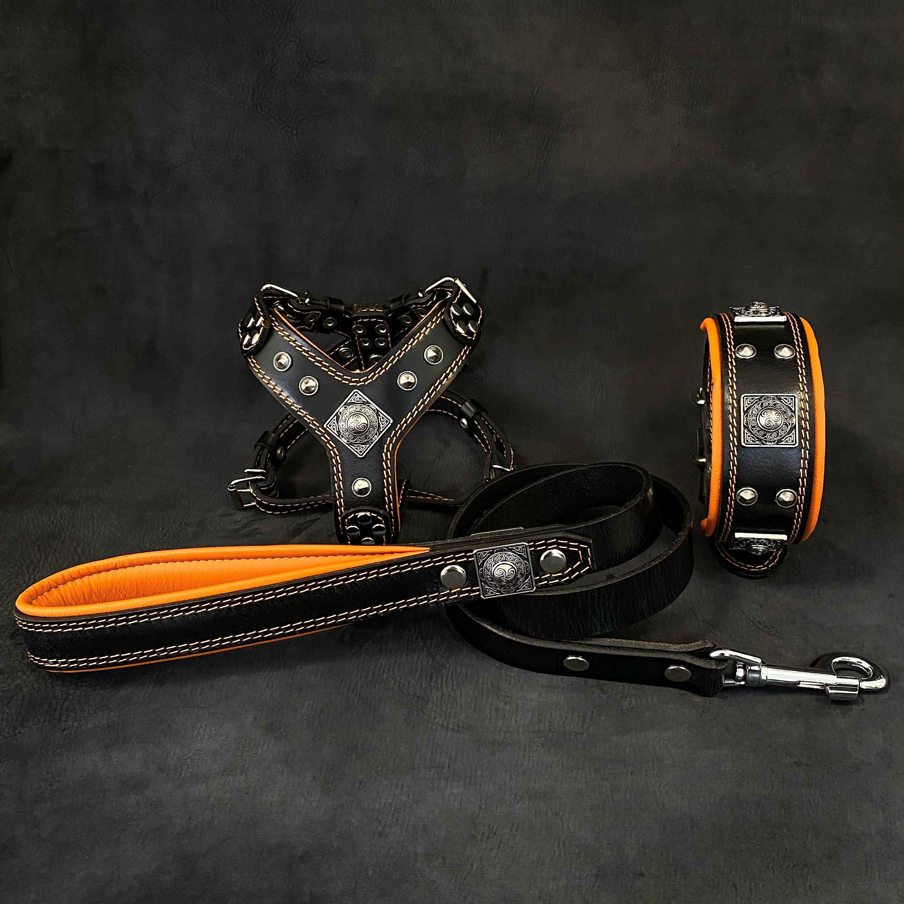 🐺 BESTIA “Eros” SET Petit à Moyen Chien - Harnais + Collier + Laisse Black & Orange | Ensemble 3‑Pièces en Cuir Véritable | Fait Main en Europe