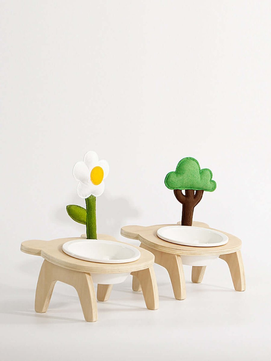 🐶🐱 Forest Tree Tilted Pet Bowl With Oakwood Stand