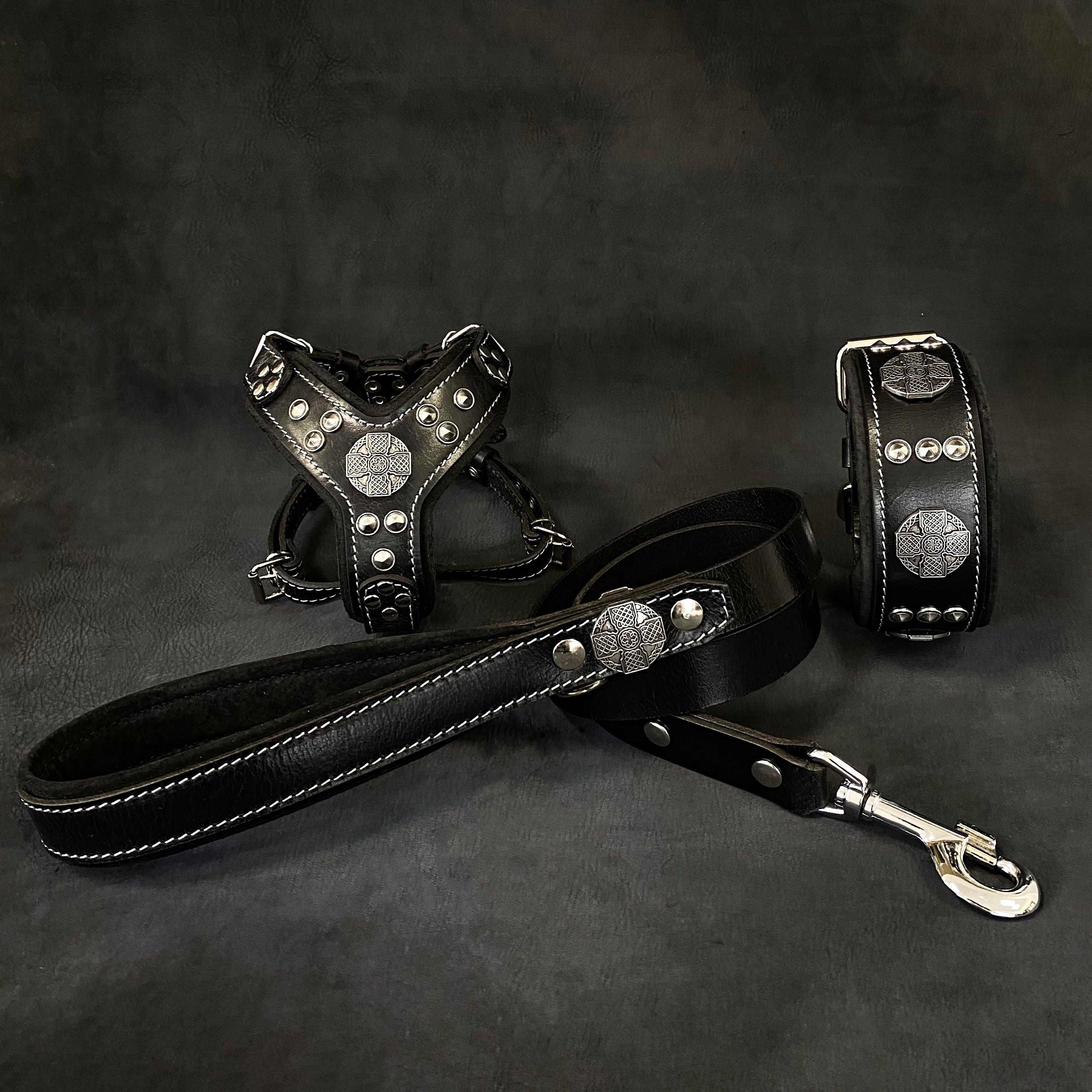 🖤 Maximus Black & Silver - Small Dog SET | Harnais + Collier + Laisse