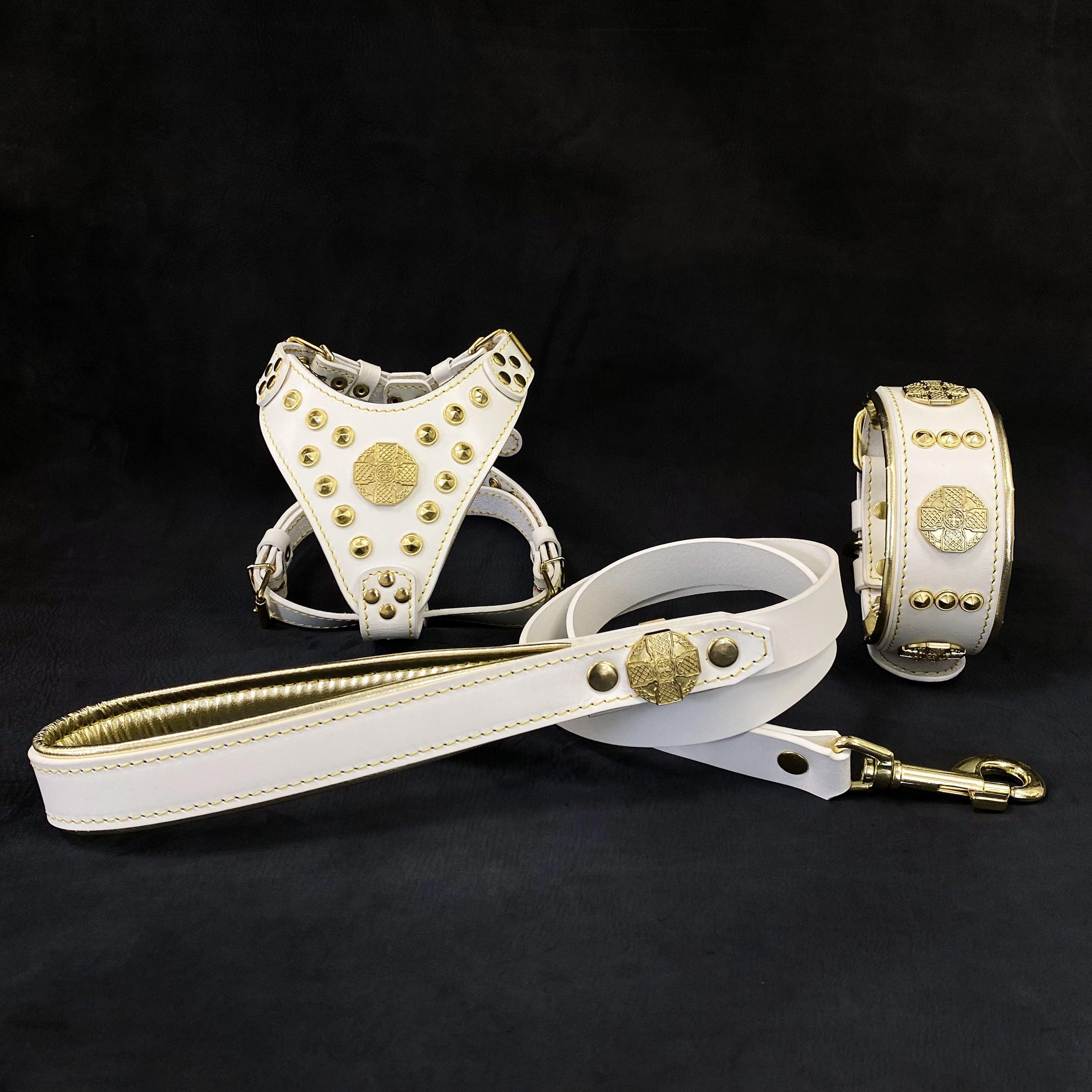 🐾 Maximus White & Gold - SET Petit Chien | Harnais + Collier + Laisse