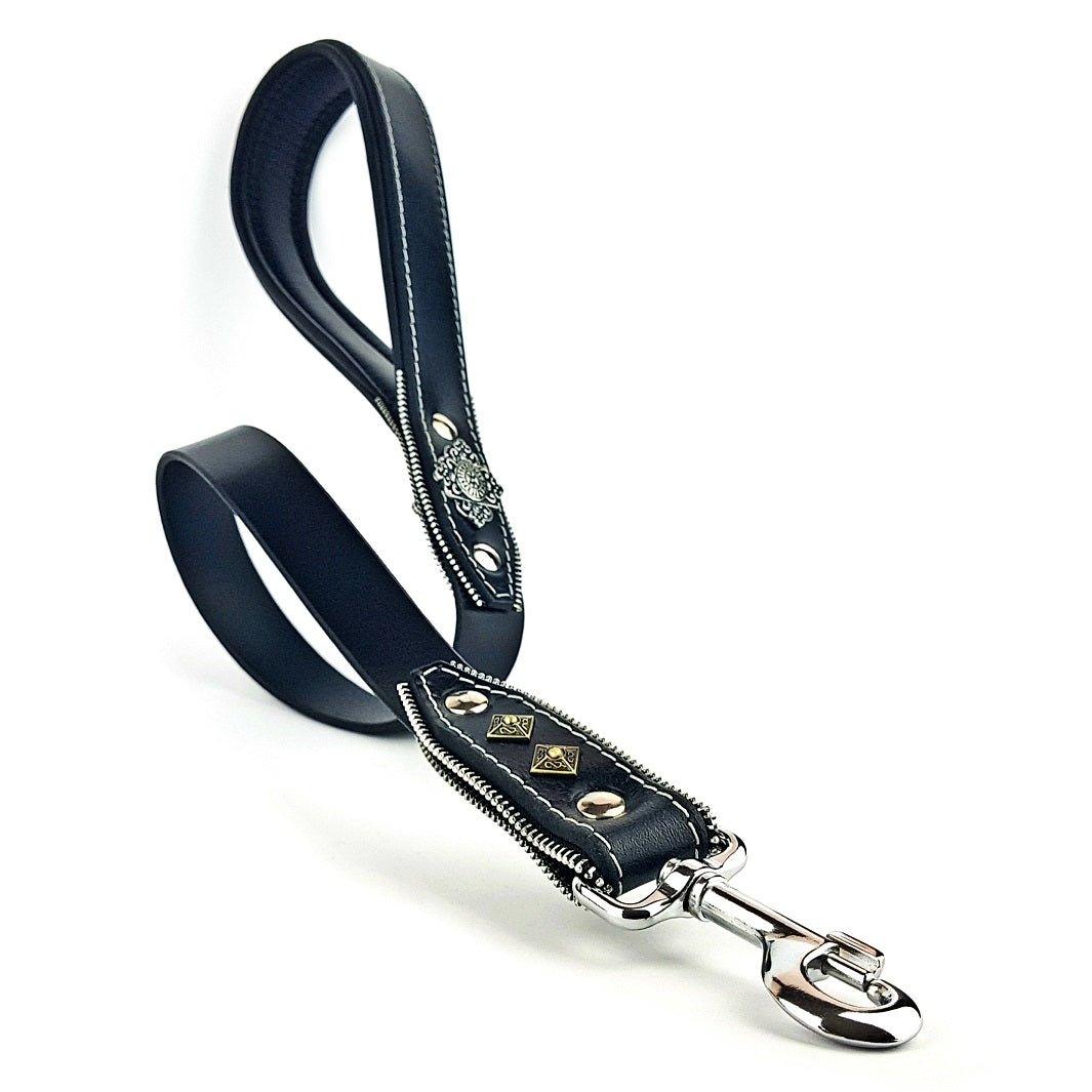 🖤 Aztec Black Leash - Laisse Cuir 90 cm | Rivets & Zipper Design
