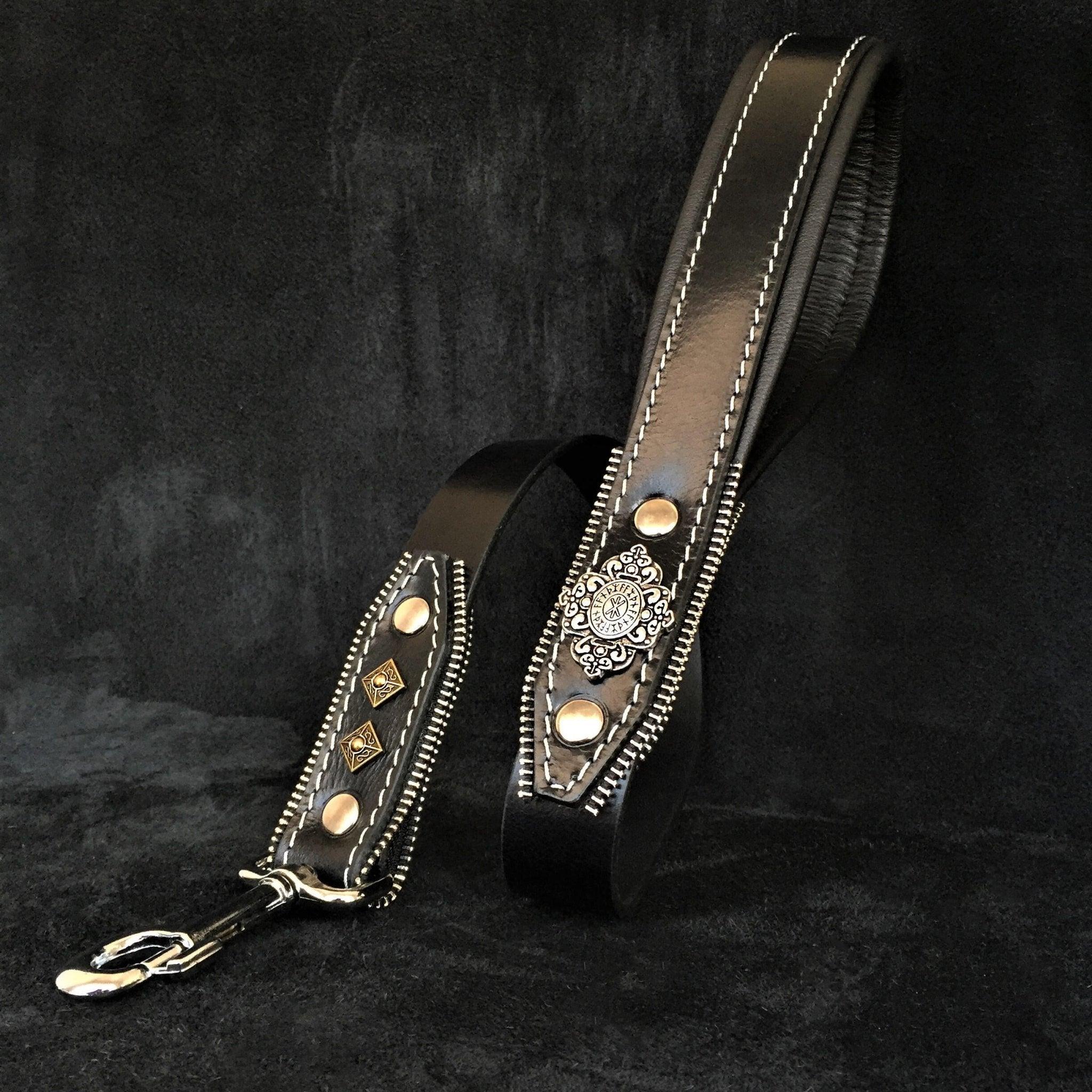 🖤 Aztec Black Leash - Laisse Cuir 90 cm | Rivets & Zipper Design