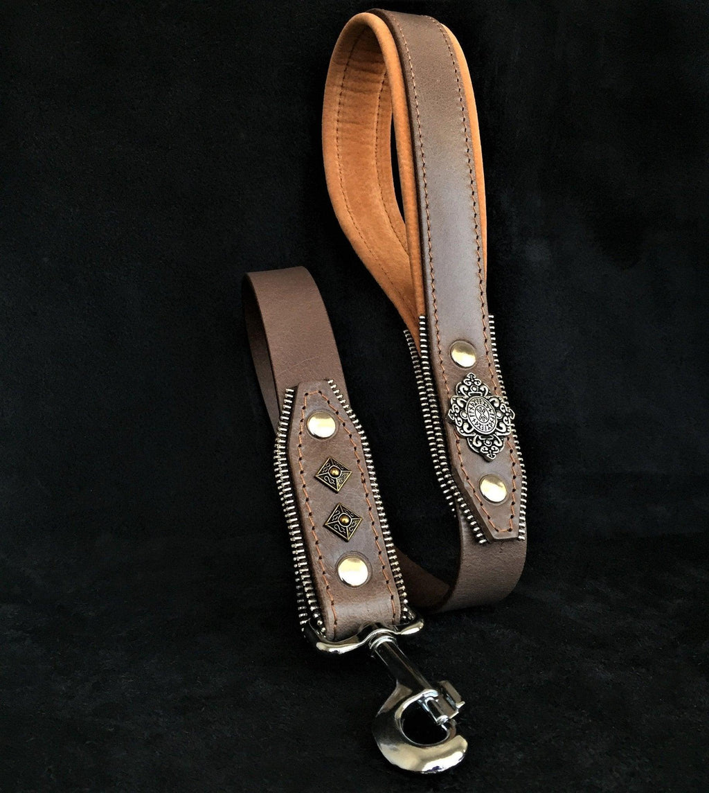 🩶 Aztec Leash GREY - Laisse Cuir 90 cm | Rivets & Zipper Design