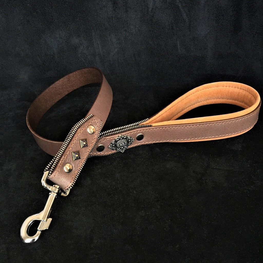 🩶 Aztec Leash GREY - Laisse Cuir 90 cm | Rivets & Zipper Design