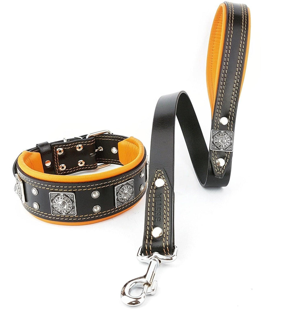 🐺 BESTIA “Eros” Collar 2.5 inch Black & Orange - Premium Leather Dog Collar for Large & Powerful Breeds | Handmade in Europe