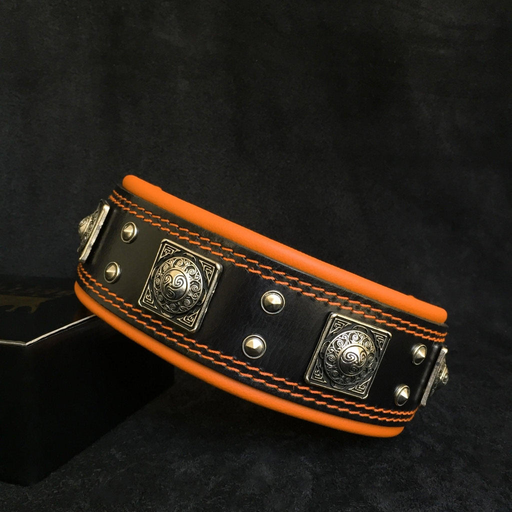 🐺 BESTIA “Eros” Collar 2.5 inch Black & Orange - Premium Leather Dog Collar for Large & Powerful Breeds | Handmade in Europe