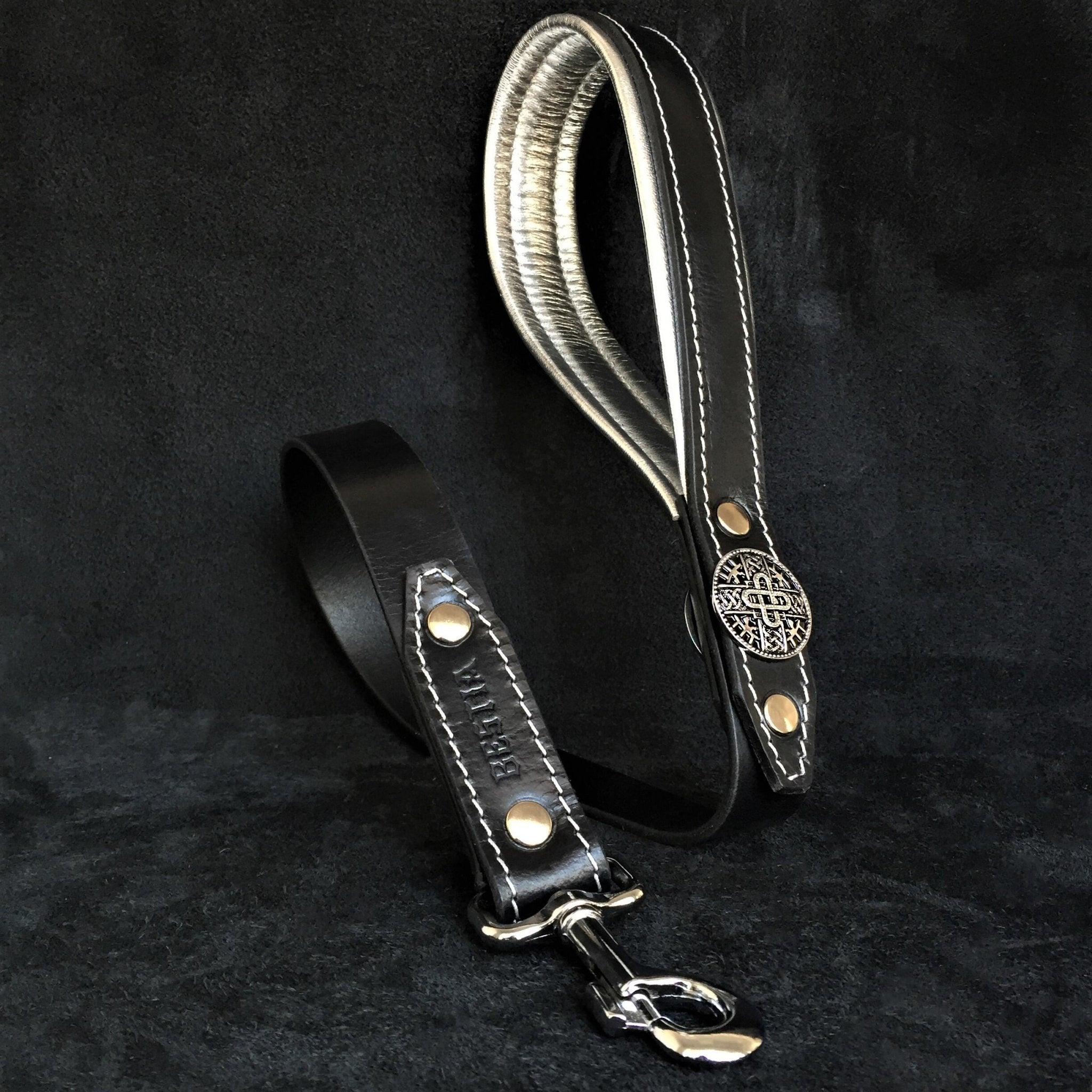 🐕‍🦺 BESTIA “Hektor” Leather Leash - Black & Silver | Premium 90 cm Heavy‑Duty Dog Leash with Padded Handle | Handmade in Europe