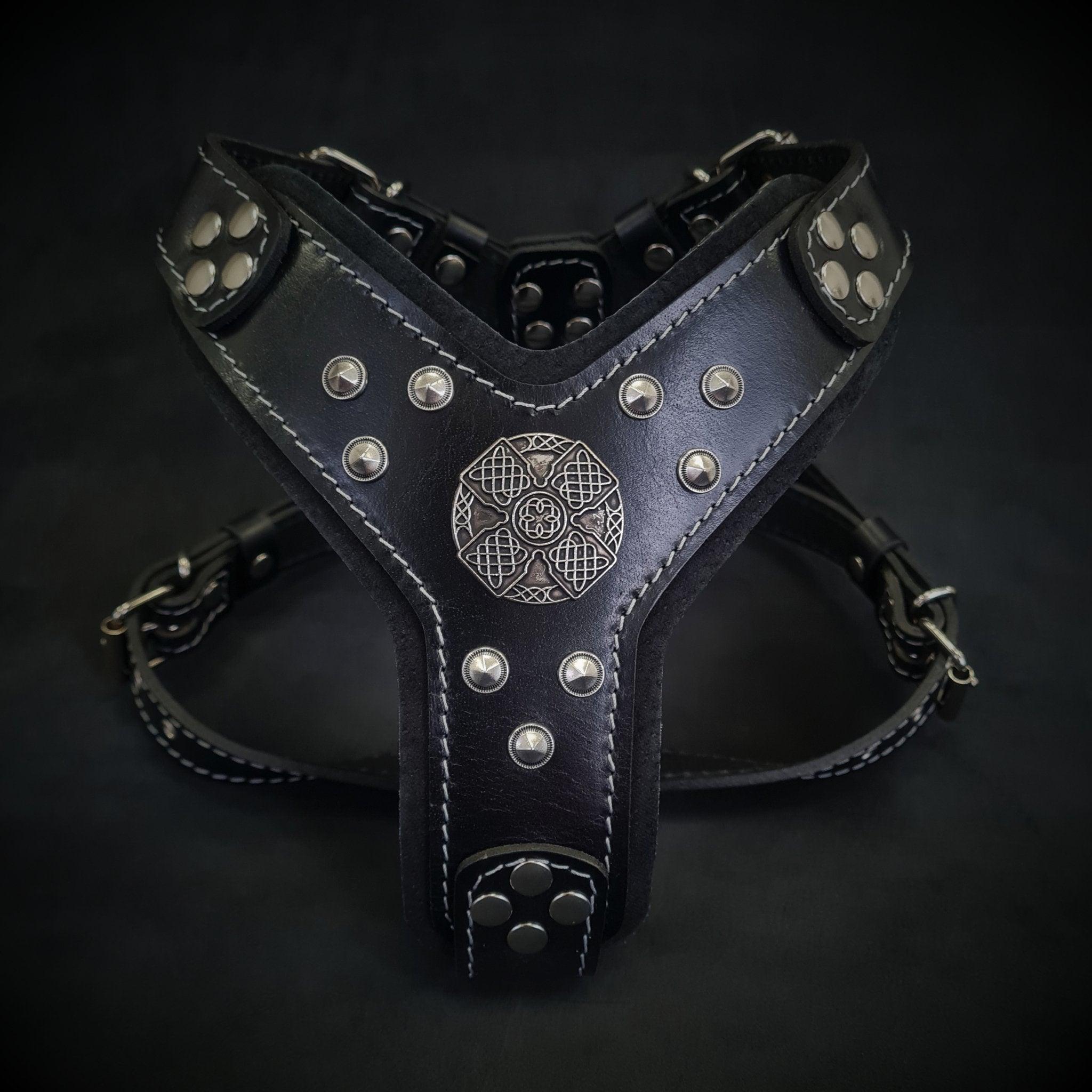 🐕‍🦺 Harnais pour Chien “Maximus” Black & Silver - Cuir Véritable, Conchos Argent, S/M